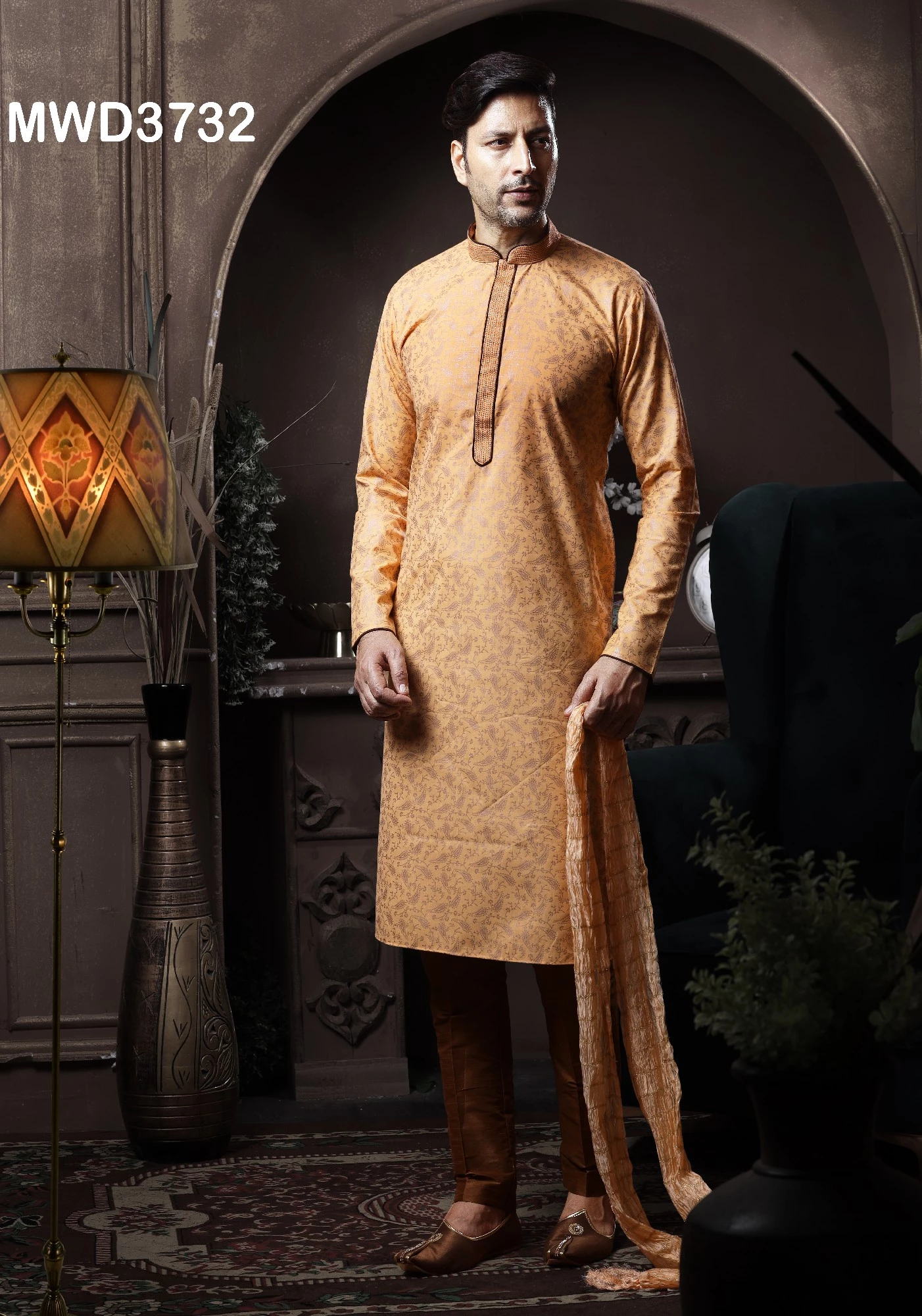 Peach Printed Cotton Kurta Pajama Set, 36-1.webp